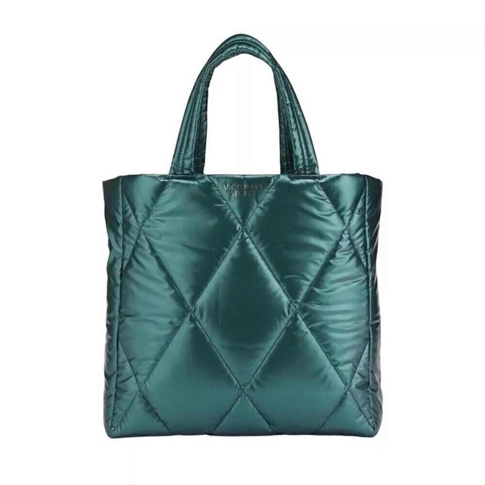 VICTORIA'S SECRET Tote Bag Large Quilted Puffer Green Teal Metallic